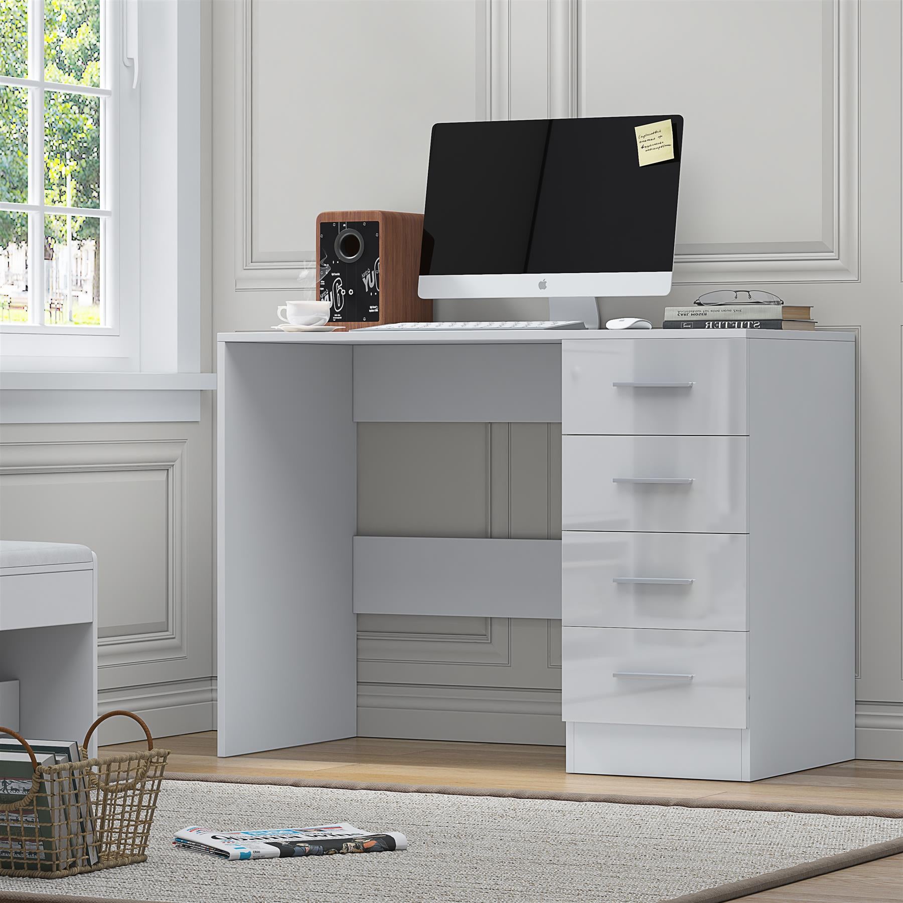 Reflect 4 Drawer Desk - White Gloss & Matt White - Modern Bedroom Storage for Vanity, Work or Study