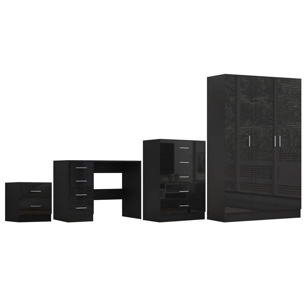 REFLECT Gloss 4pc Bedroom Set - 3 Door Wardrobe + Tall Chest + Bedside + Desk