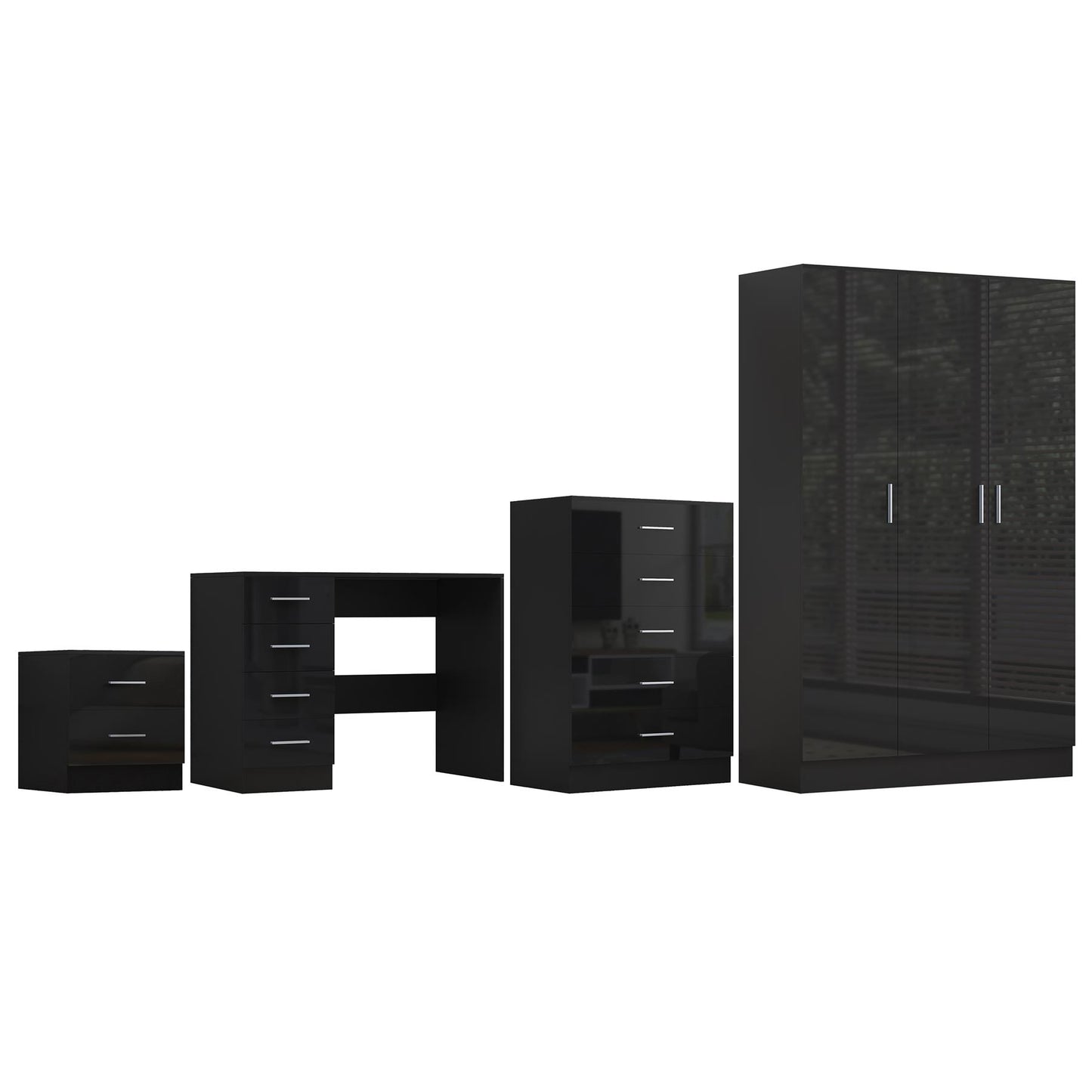 REFLECT Gloss 4pc Bedroom Set - 3 Door Wardrobe + Tall Chest + Bedside + Desk