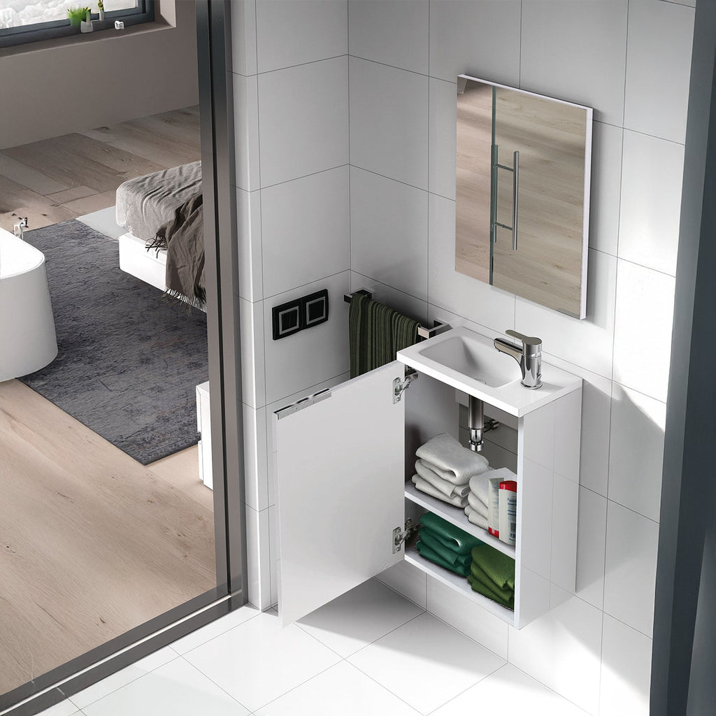 Gloss White 40cm Bathroom Vanity Unit with Sink and Mirror- Compact Basin Cabinet for Small Bathrooms.