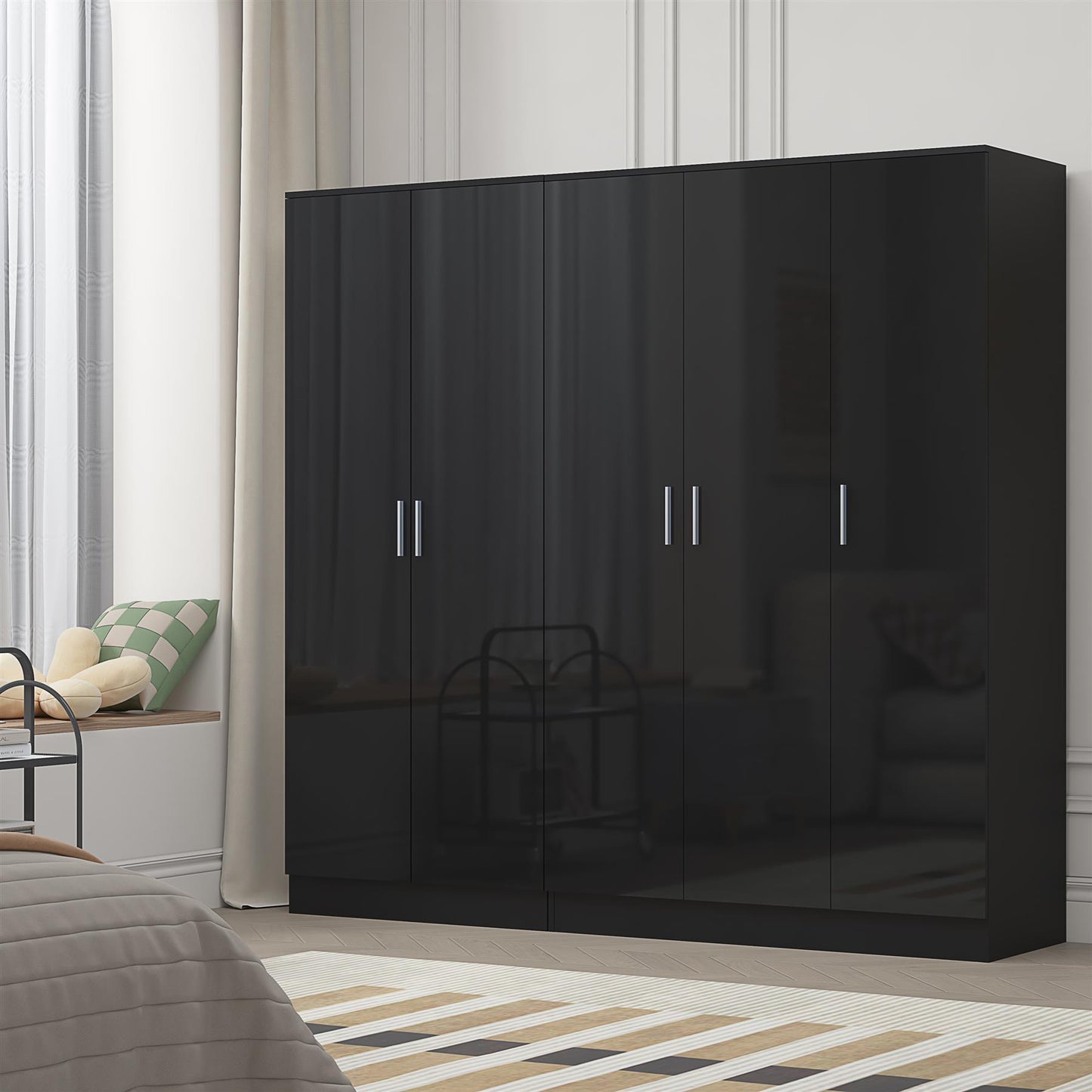 Reflect 2pc Wardrobe Bundle - 3 Door Plain + 2 Door Plain - Black Gloss & Black Oak