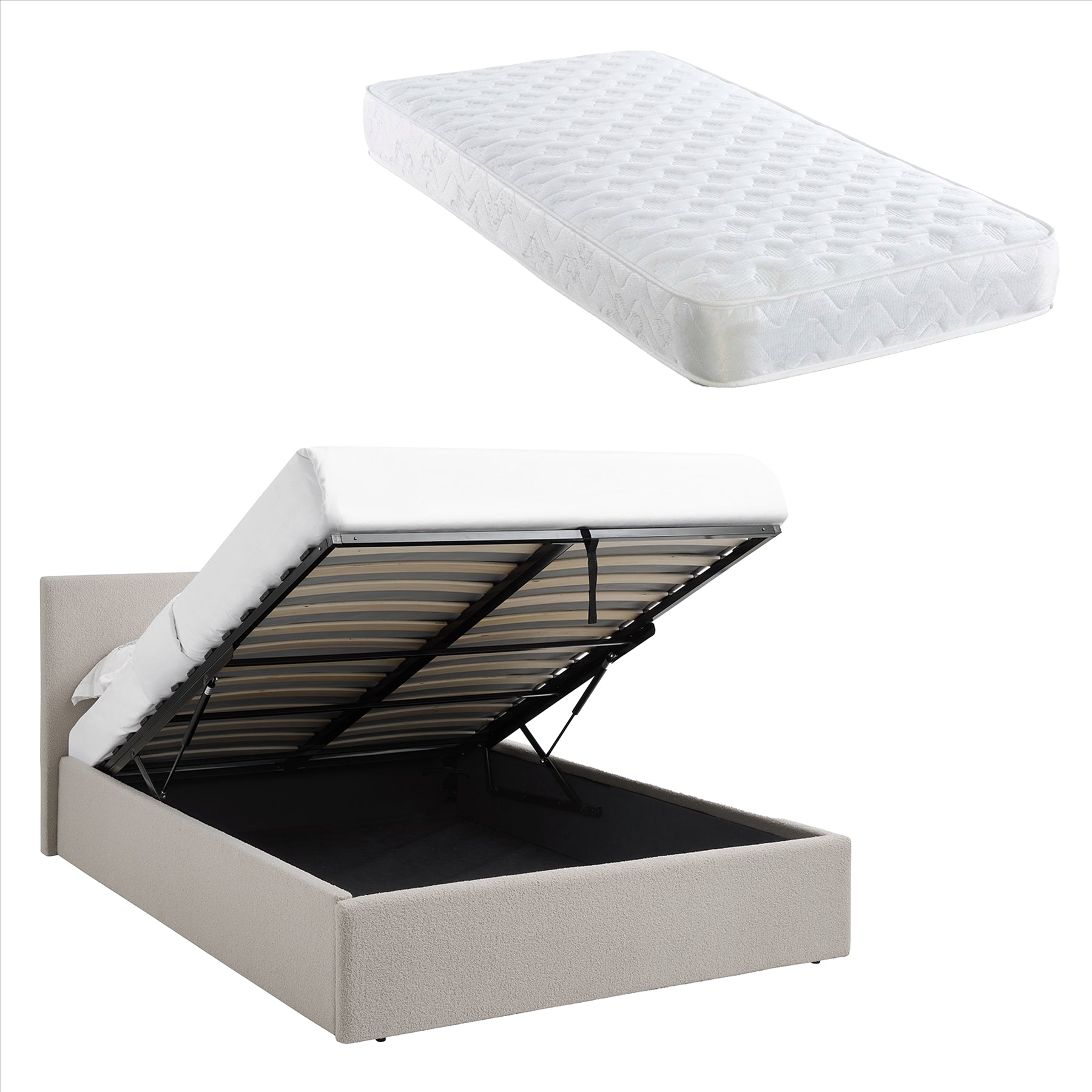 TEDDY BOUCLE 5FT King Beige Ottoman Storage Bed Gas Lift Up with Bonnell Spring Mattress