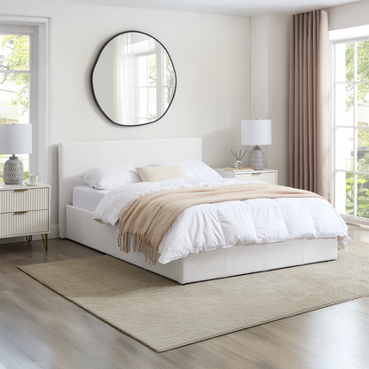 LUNA Faux Leather Ottoman Storage Bedframe in White 4 Size + Mattress Options