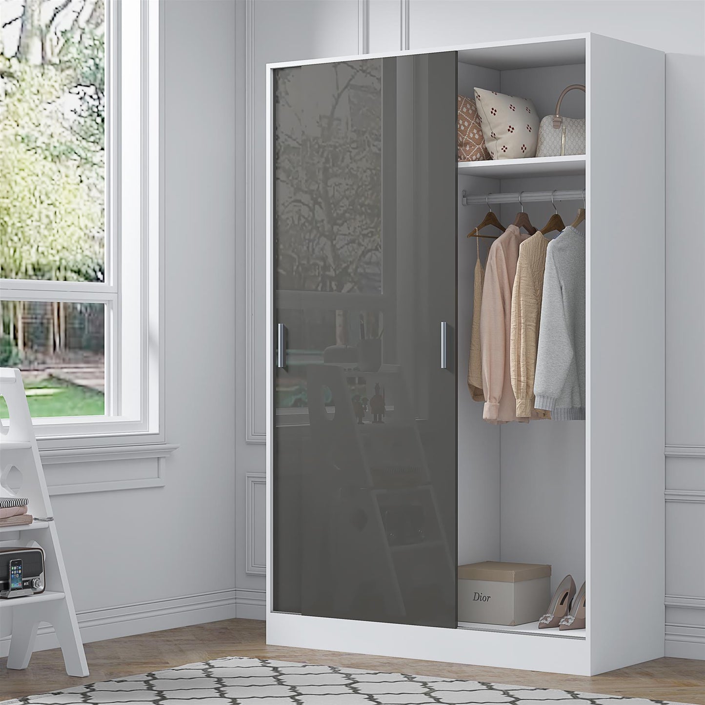REFLECT High Gloss Bedroom Furniture Wardrobe Chest Bedside Desk in Grey/White