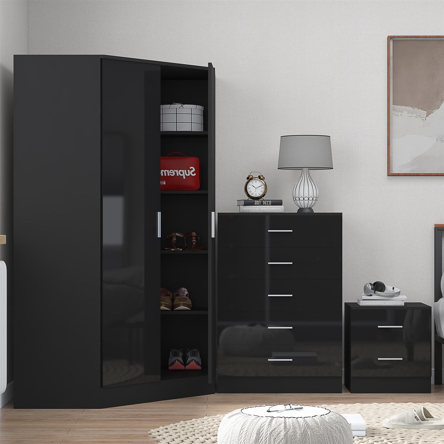 Reflect 2 Door Corner Wardrobe, 5 Drawer Chest, 2 Drawer Bedside - Black Gloss & Black Oak - Bedroom Furniture Set