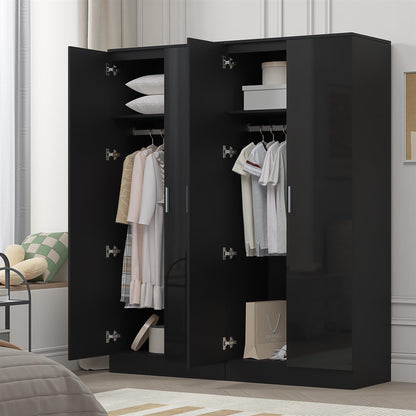 Reflect 2x 2 Door Plain Wardrobe Bundle - Black Gloss & Black Oak - Hanging Rails & Shelves - Modern Sleek Design