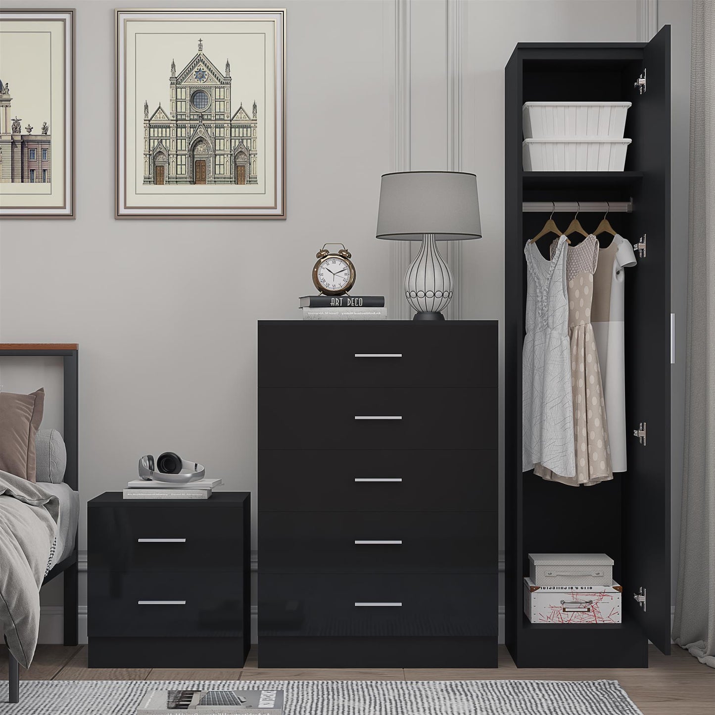 REFLECT Gloss 3pc Bedroom Set - 1 Door Wardrobe + 5 Draw Chest + Bedside