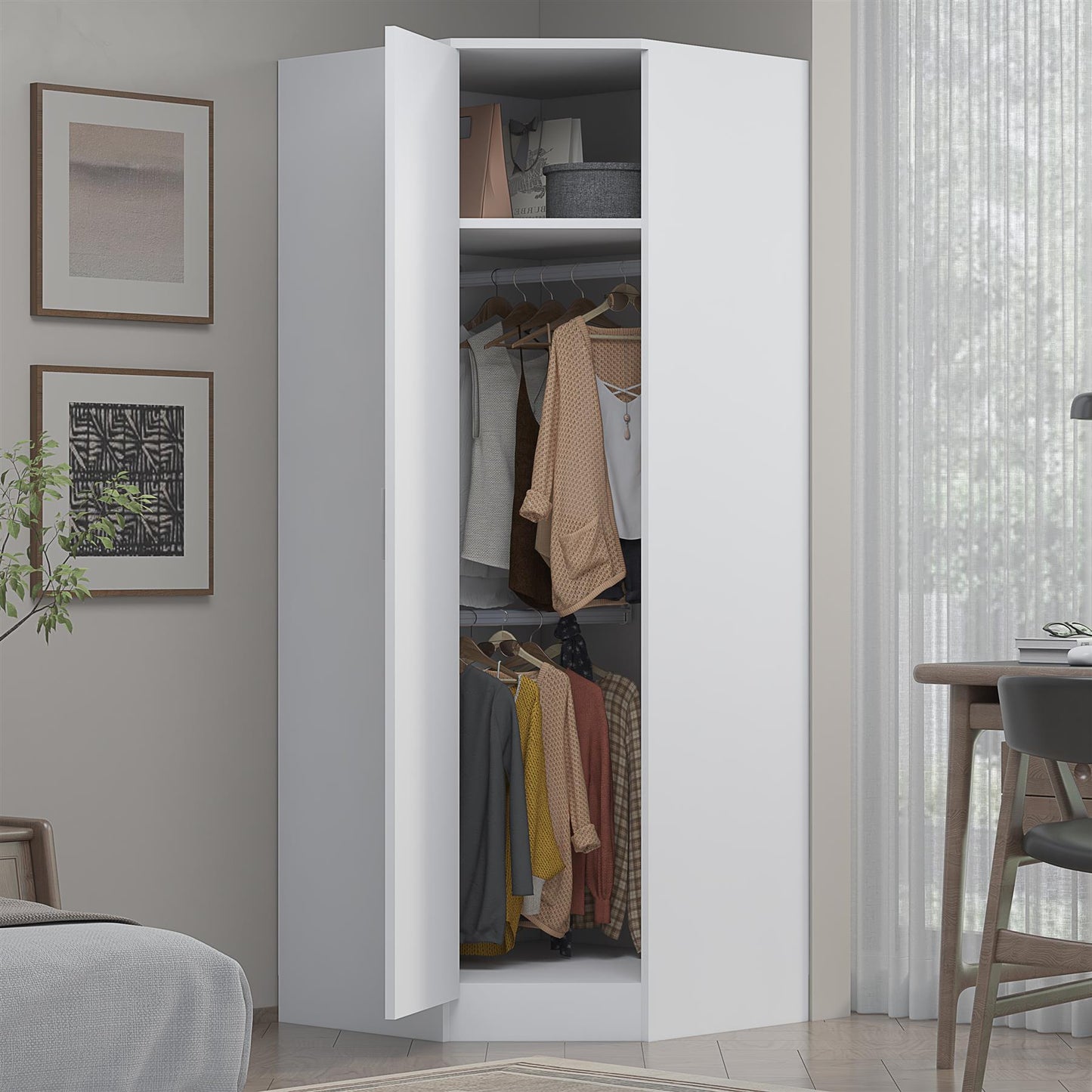 Reflect 1 Door Corner Wardrobe - White Gloss & Matt White - 2 Hanging Rails & 1 Shelf - Modern Design
