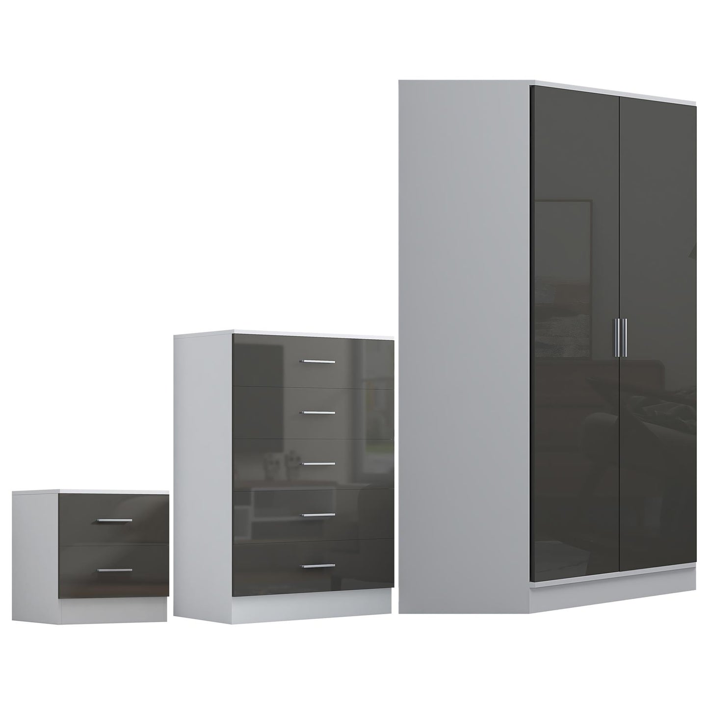 REFLECT Gloss 3pc Set - 2 Door Corner Wardrobe + 5 Draw Chest + Bedside