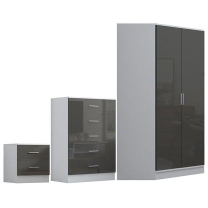 Reflect 2 Door Corner Wardrobe, 5 Drawer Chest, 2 Drawer Bedside - Grey Gloss & Matt White - Bedroom Furniture Set
