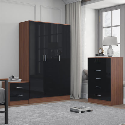 Reflect 3 Door Plain Wardrobe, 5 Drawer Chest, 2 Drawer Bedside - Black Gloss & Walnut - Modern Bedroom Furniture Set