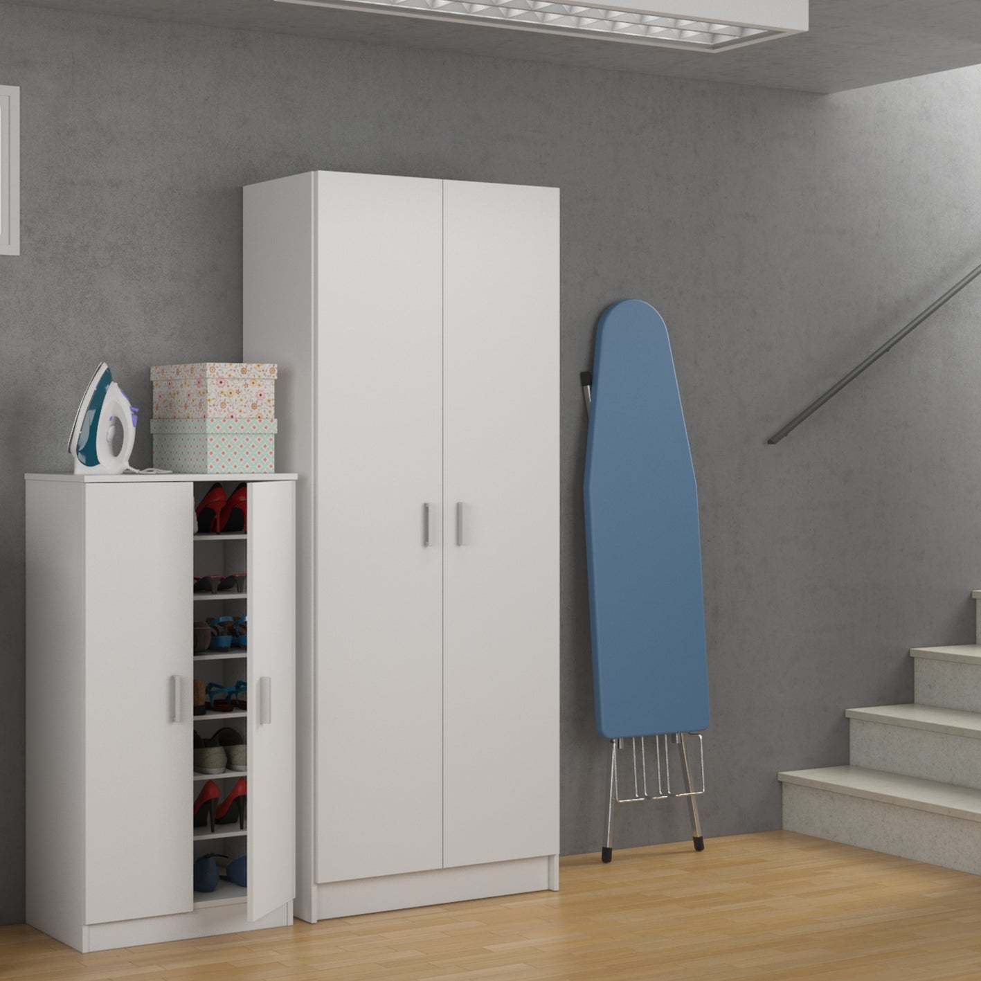 BALTIC Tall White Bathroom Storage Cabinet with 2 Doors- Slim Reversible Design