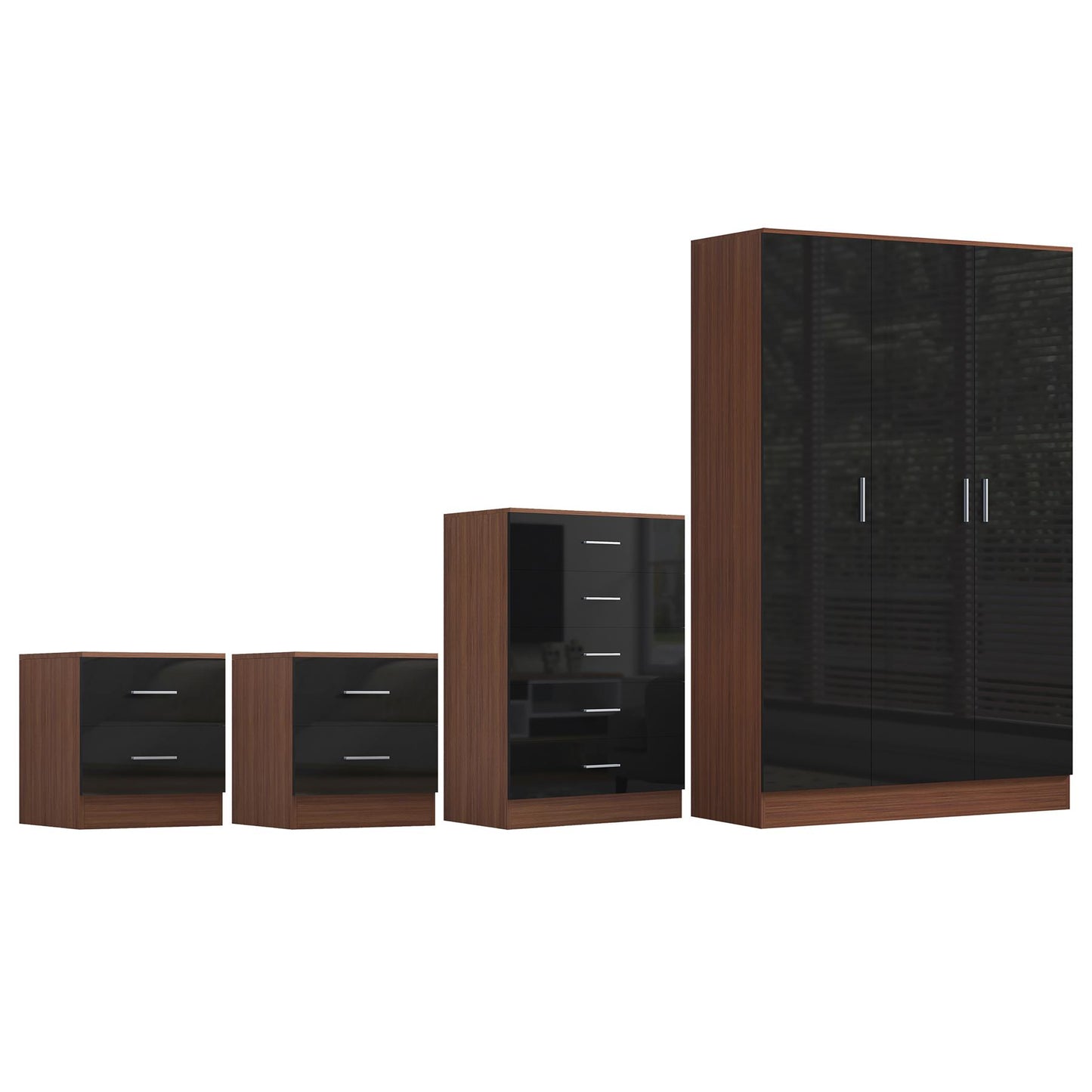 Reflect 3 Door Plain Wardrobe, 5 Drawer Chest, 2x 2 Drawer Bedsides - Black Gloss & Walnut - Modern Bedroom Furniture Set