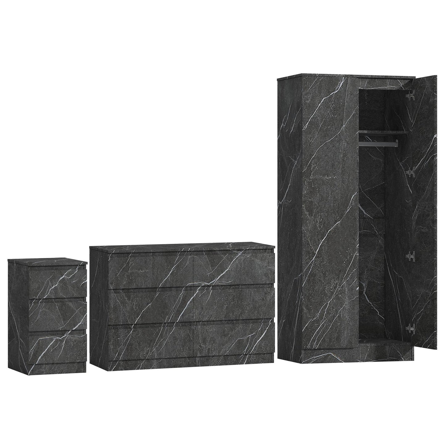 ZITA Grey Marble Effect 3 Piece Bedroom Set - 2 Door Wardrobe, 6 Drawer Chest & 3 Drawer Bedside, Stylish Bedroom Storage