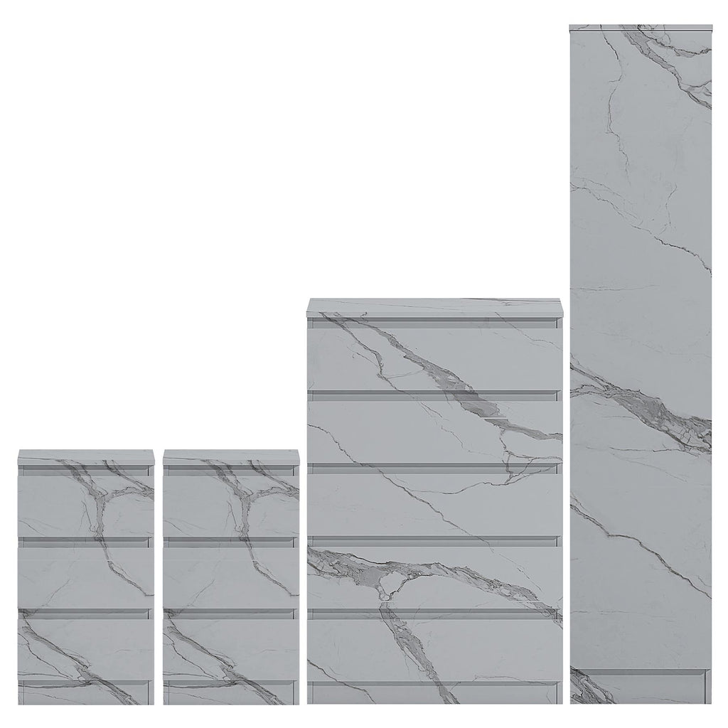 ZITA 4pc White Marble Effect Bedroom Set - 1-Door Wardrobe, Tall Chest & 2 Bedside Tables, Stylish Modern Storage Furniture