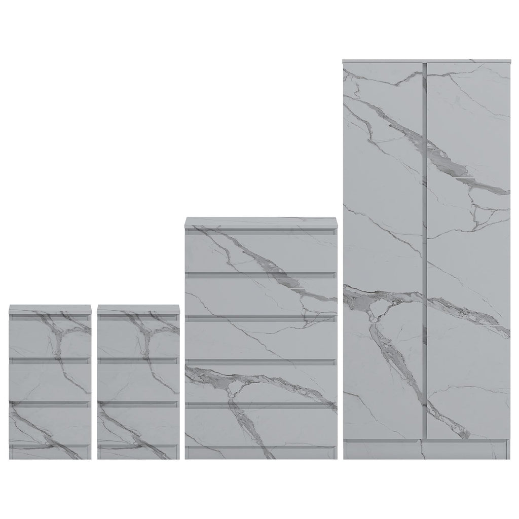 ZITA White Marble Effect 4 Piece Bedroom Set - 2 Door Wardrobe, Tall Chest & 2 Bedside Tables, Stylish Storage Solution