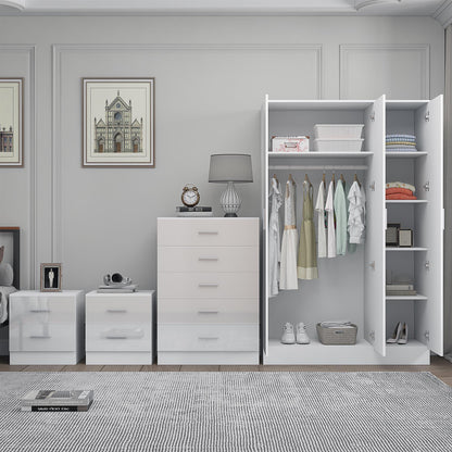 Reflect 3 Door Mirror Wardrobe, 5 Drawer Chest, 2x 2 Drawer Bedsides - White Gloss & Matt White - Modern Bedroom Furniture Set