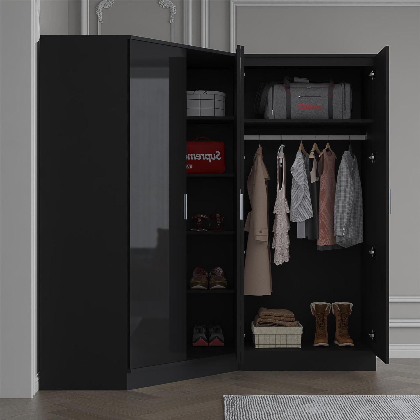 Reflect 2pc Wardrobe Bundle - 2 Door Corner + 2 Door Plain - Black Gloss & Black Oak