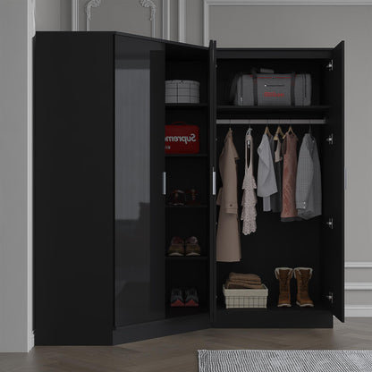 Reflect 2pc Wardrobe Bundle - 2 Door Corner + 2 Door Plain - Black Gloss & Black Oak
