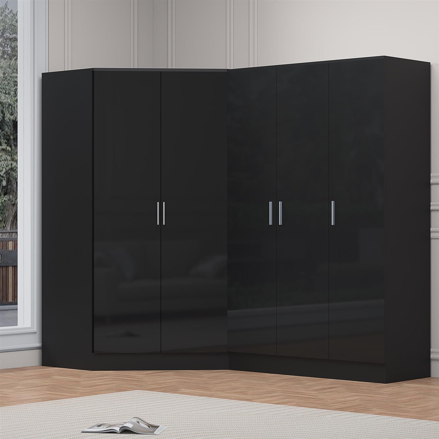 Reflect 2pc Wardrobe Bundle - 2 Door Corner + 3 Door Plain - Black Gloss & Black Oak