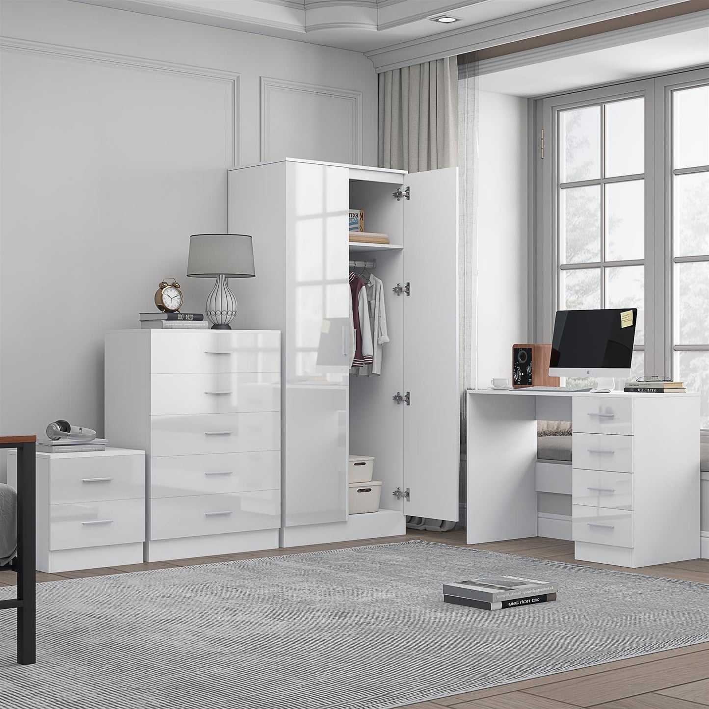 REFLECT Gloss 4pc Set - 2 Door Mirrored Wardrobe + 5 Draw Chest + Bedside + Desk
