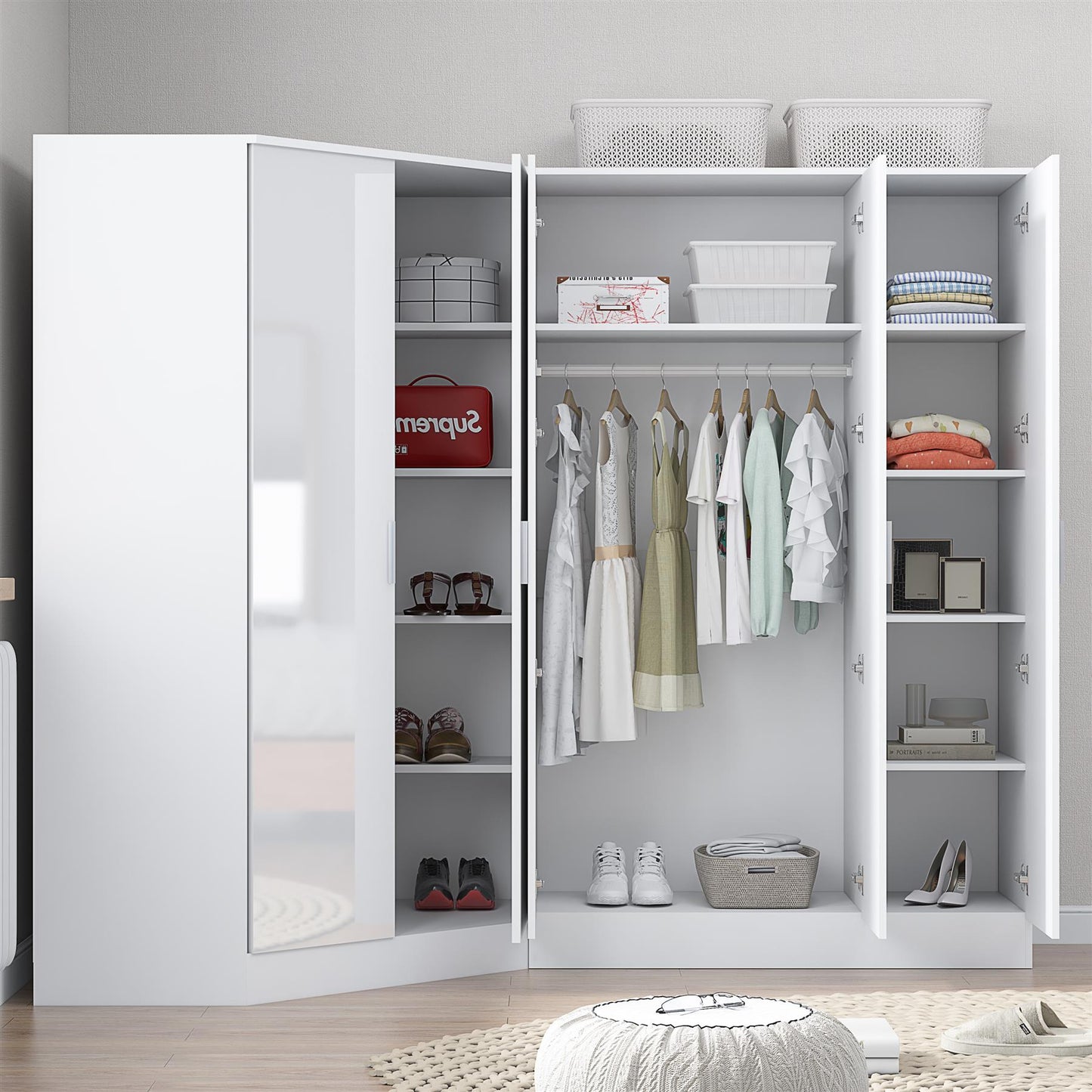 Reflect 2pc Wardrobe Bundle - 2 Door Corner + 3 Door Mirror - White Gloss & Matt White