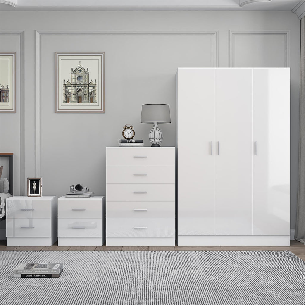 REFLECT Gloss 4pc Bedroom Set - 3 Door Wardrobe + 5 Draw Chest + 2 Bedsides
