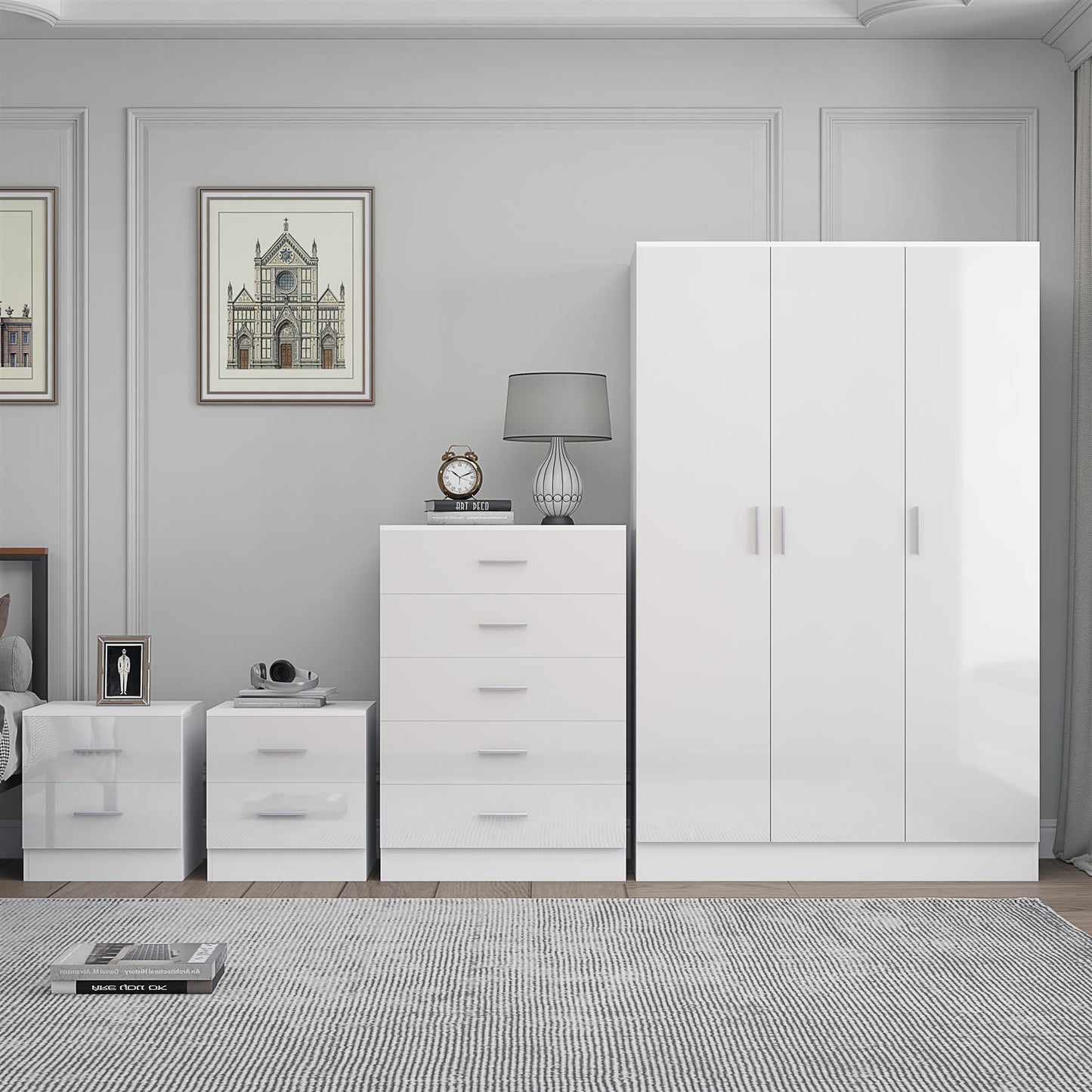 Reflect 3 Door Plain Wardrobe, 5 Drawer Chest, 2x 2 Drawer Bedsides - White Gloss & Matt White - Modern Bedroom Furniture Set