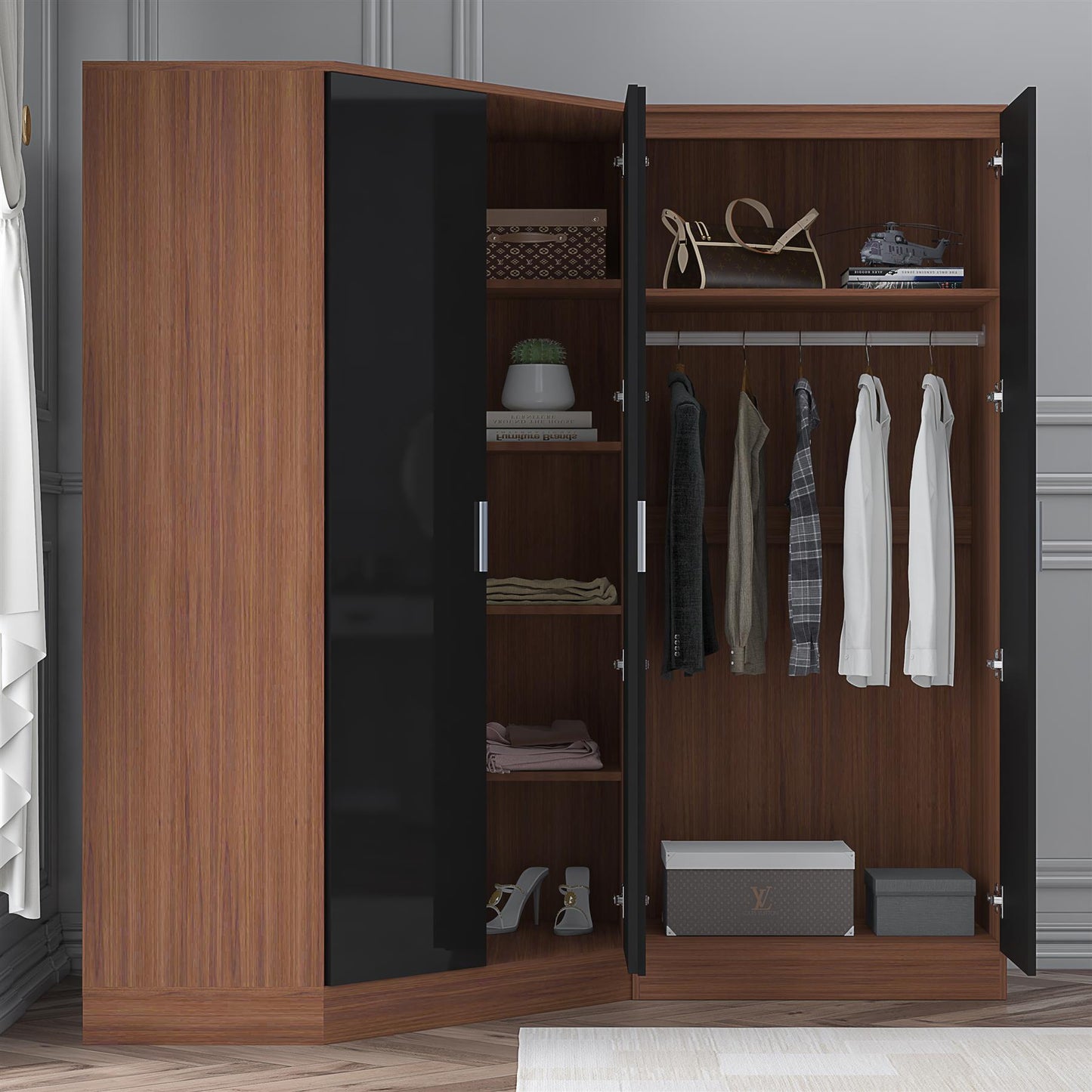 Reflect 2pc Wardrobe Bundle - 2 Door Corner + 2 Door Mirror - Black Gloss & Walnut