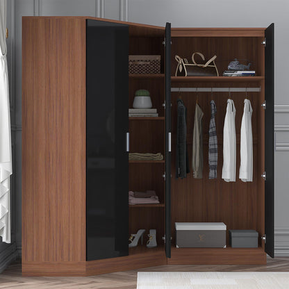 Reflect 2pc Wardrobe Bundle - 2 Door Corner + 2 Door Mirror - Black Gloss & Walnut