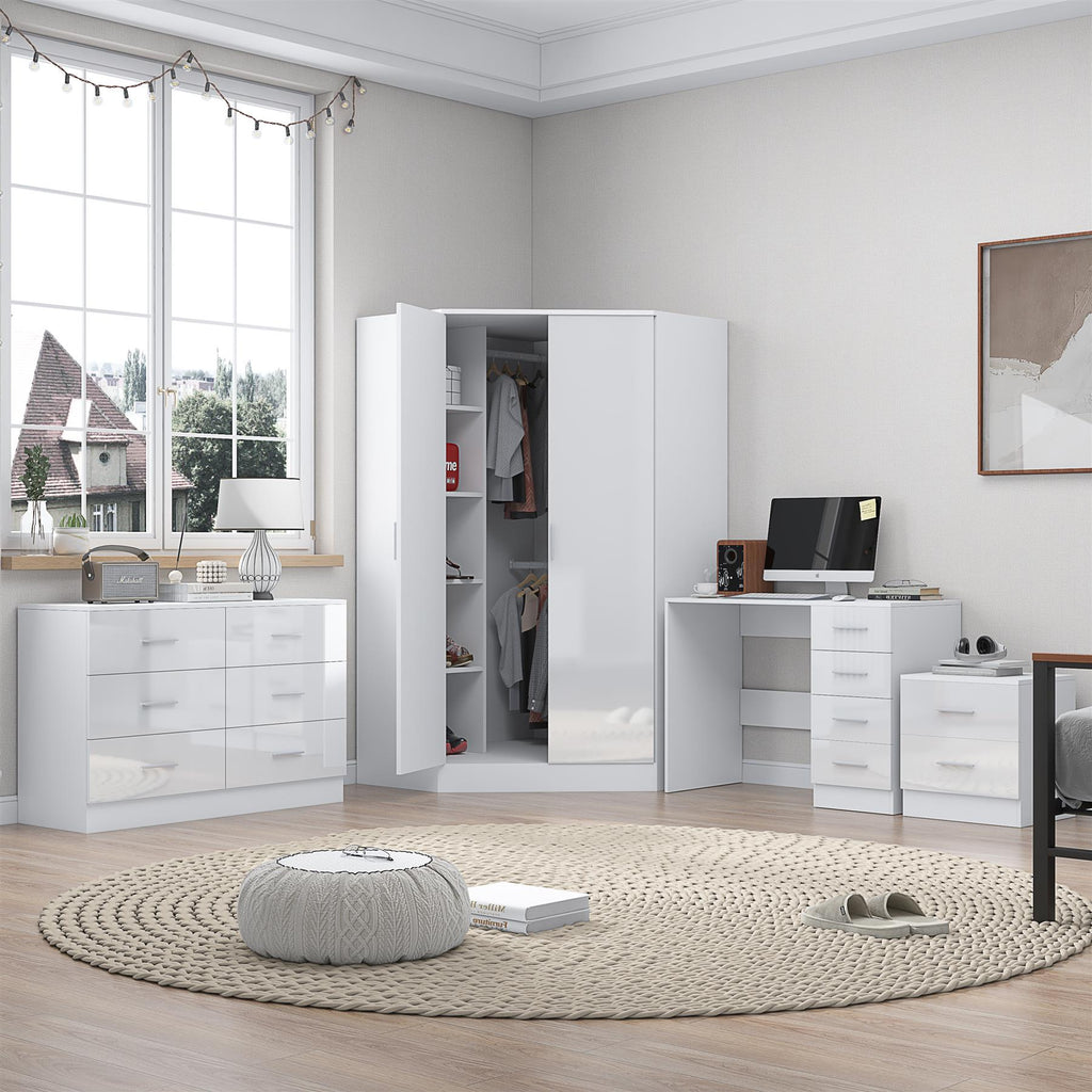 REFLECT - 2 Door CORNER + 6 Drawer Chest + 2 Drawer Bedside + 4 Drawer Desk - Gloss White / Matt White