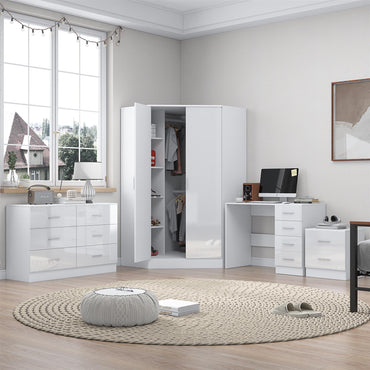 Reflect 2 Door Corner Wardrobe, 6 Drawer Chest, 2 Drawer Bedside & Desk - White Gloss & Matt White - Bedroom Furniture Set