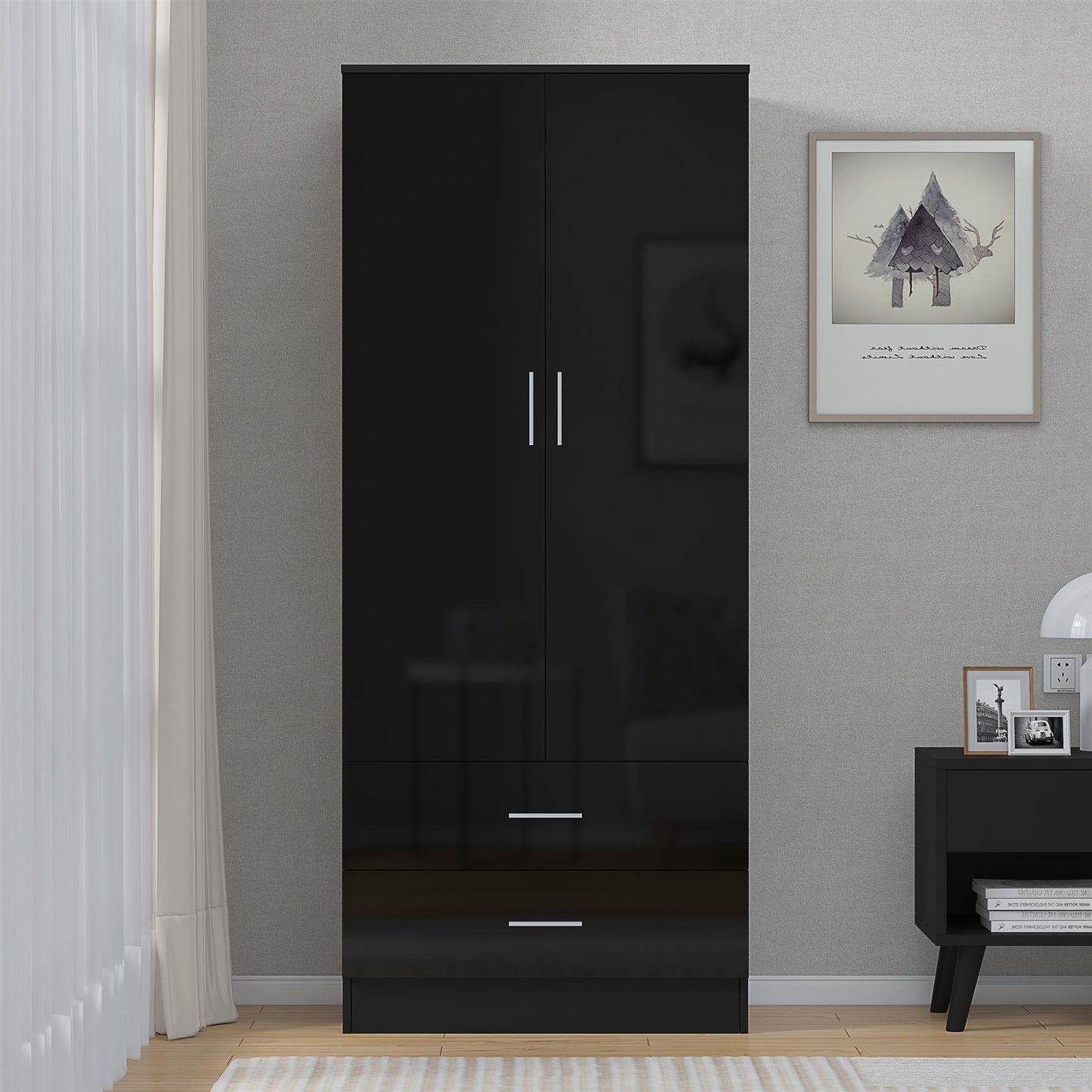 Reflect 2 Door 2 Drawer Combi Plain Wardrobe - Black Gloss & Black Oak - Hanging Rails, Drawers & Shelf