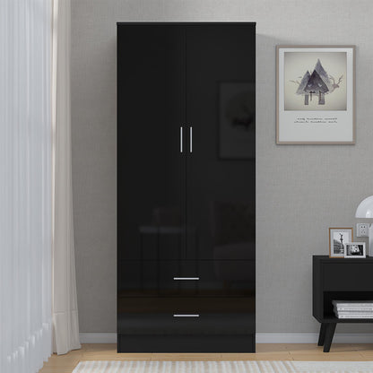Reflect 2 Door 2 Drawer Combi Plain Wardrobe - Black Gloss & Black Oak - Hanging Rails, Drawers & Shelf