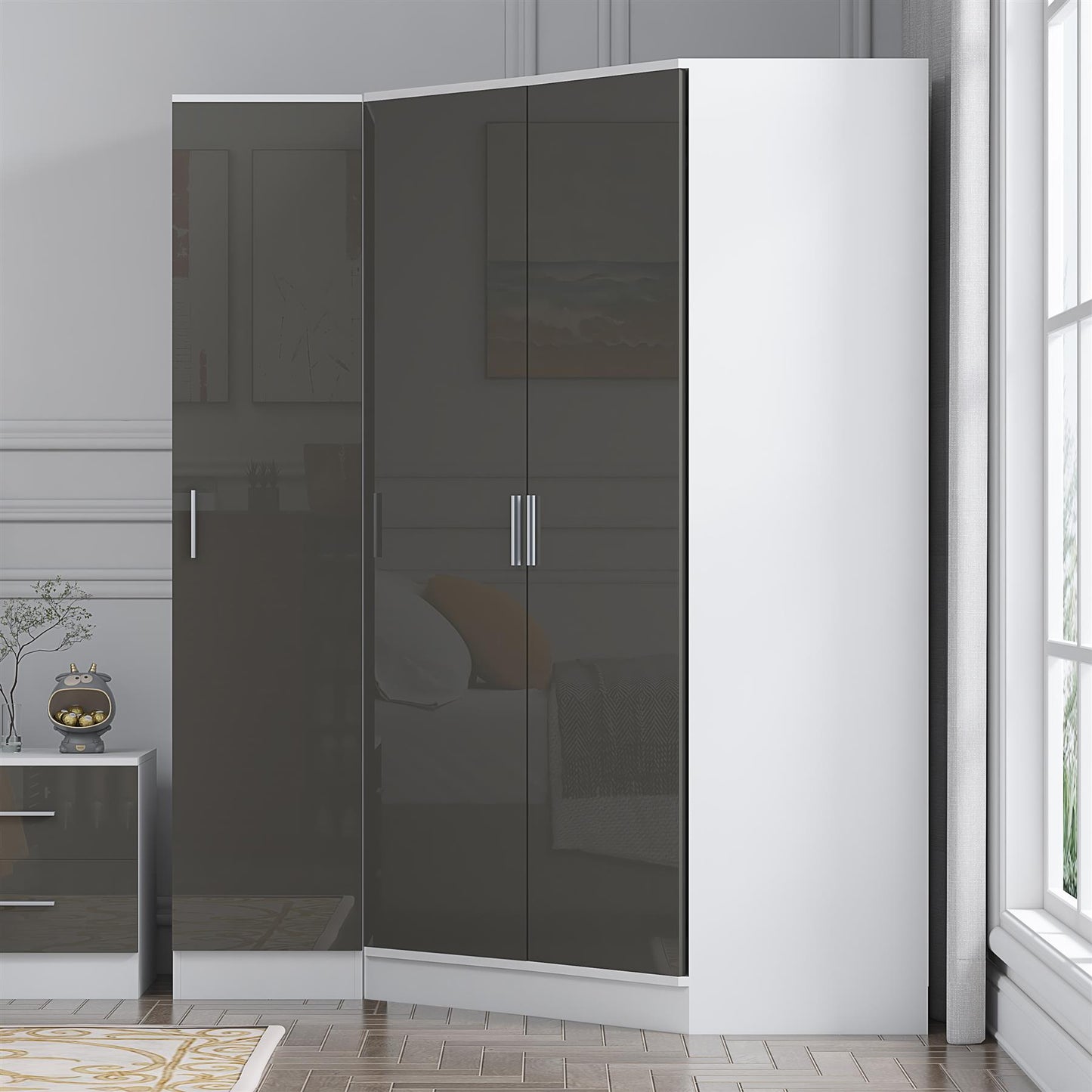 Reflect 2pc Wardrobe Bundle - 2 Door Corner + 1 Door Plain - Grey Gloss & Matt White