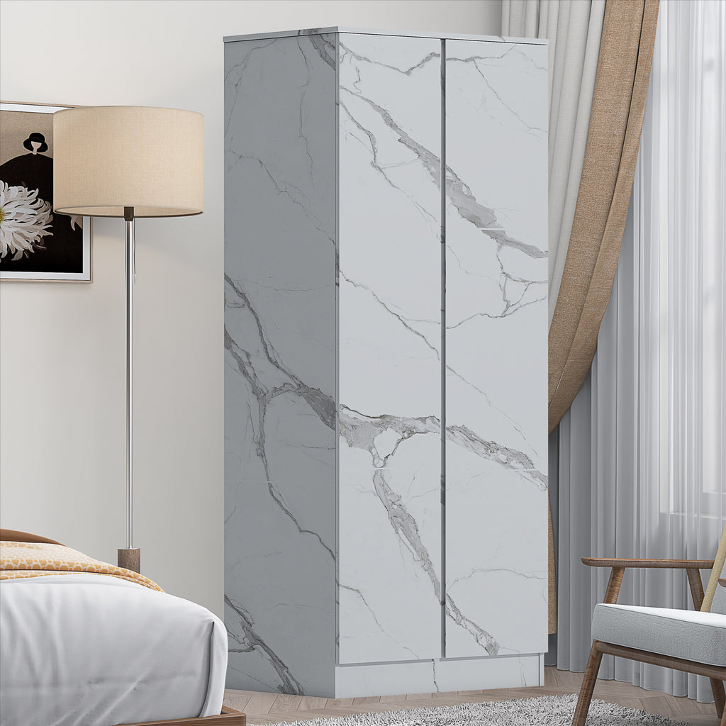 ZITA White Marble Effect 2 Door Plain Wardrobe - Bedroom Storage, Stylish and Spacious