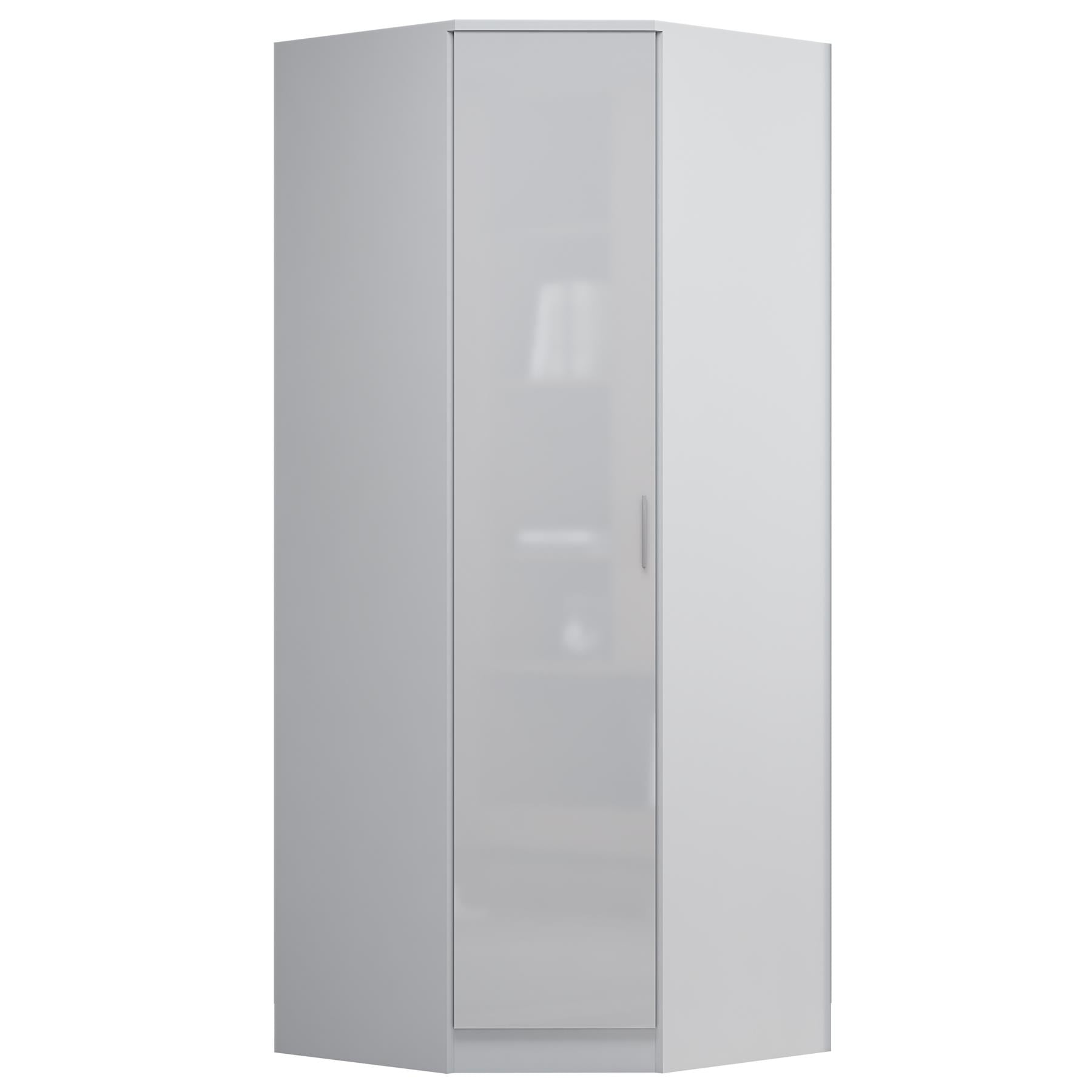 Reflect 1 Door Corner Wardrobe - White Gloss & Matt White - 2 Hanging Rails & 1 Shelf - Modern Design