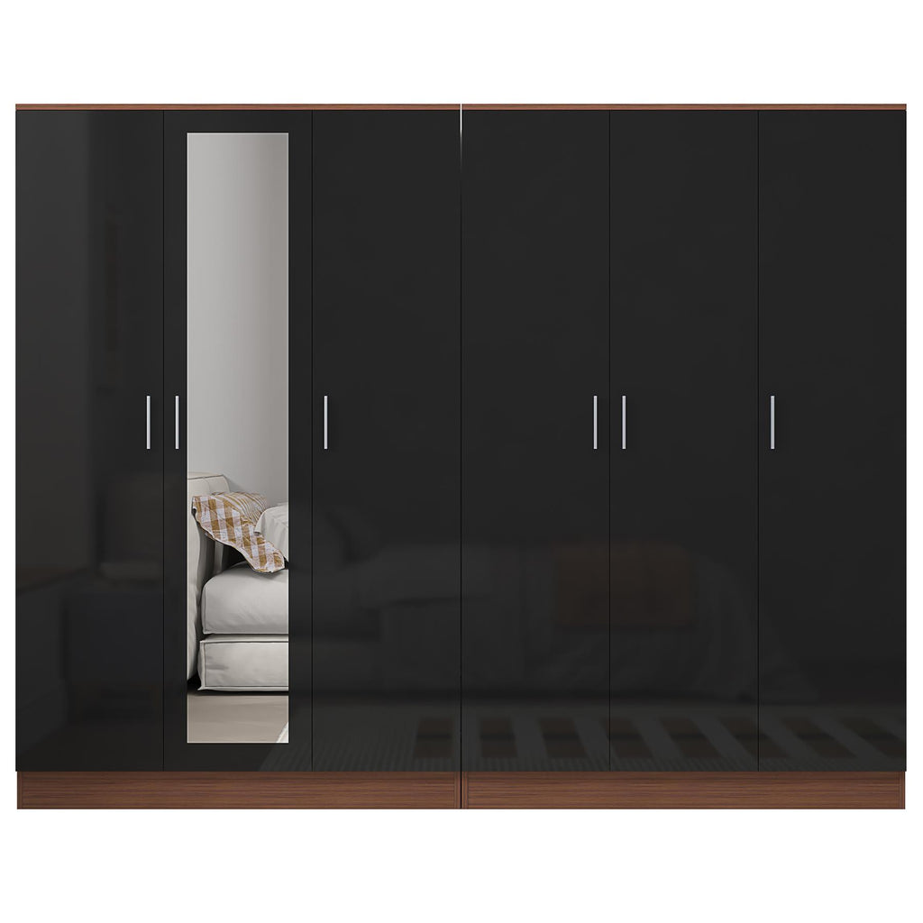 REFLECT - 3 Door MIRROR + 3 Door PLAIN Wardrobe - Gloss Black / Matt Walnut
