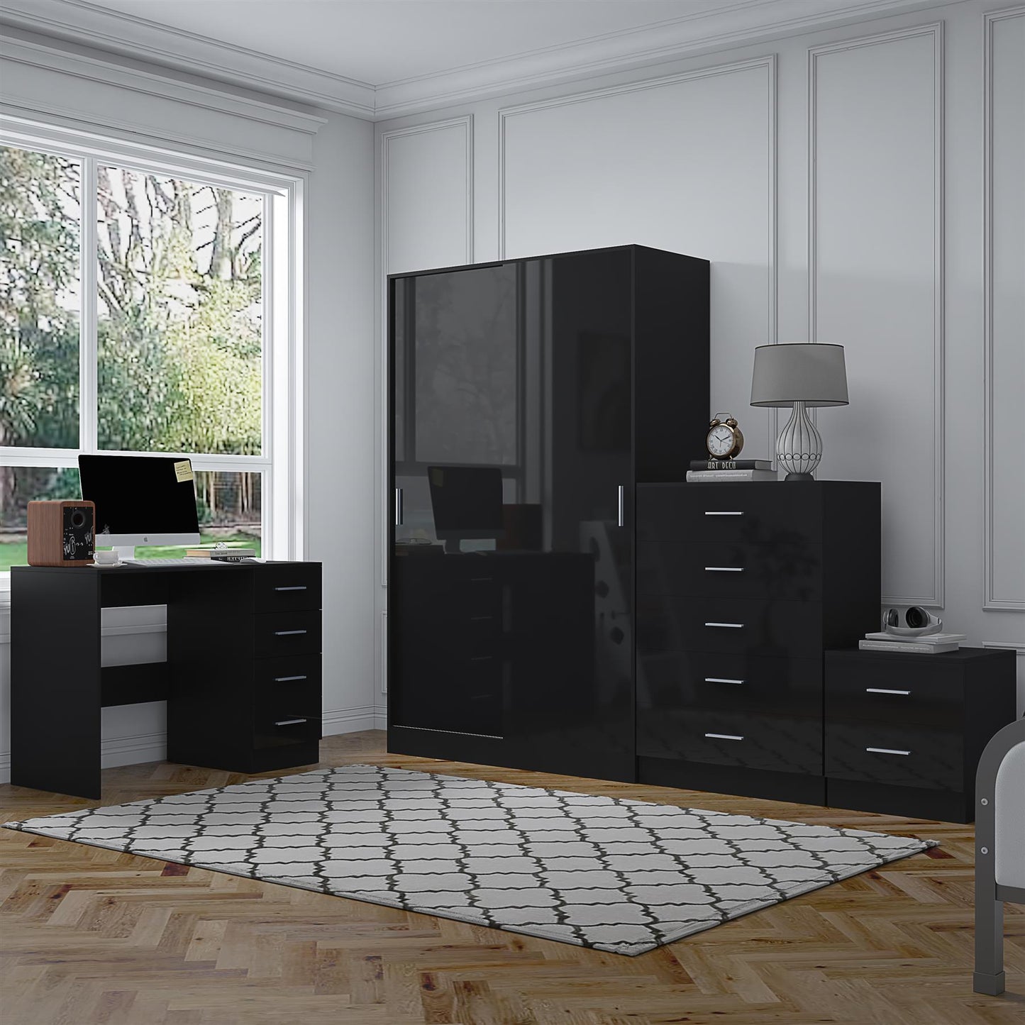 Reflect 2 Door Sliding Wardrobe, 5 Drawer Chest, 2 Drawer Bedside & Desk - Black Gloss & Black Oak - Modern Bedroom Furniture Set