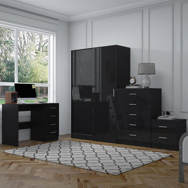Reflect 2 Door Sliding Wardrobe, 5 Drawer Chest, 2 Drawer Bedside & Desk - Black Gloss & Black Oak - Modern Bedroom Furniture Set