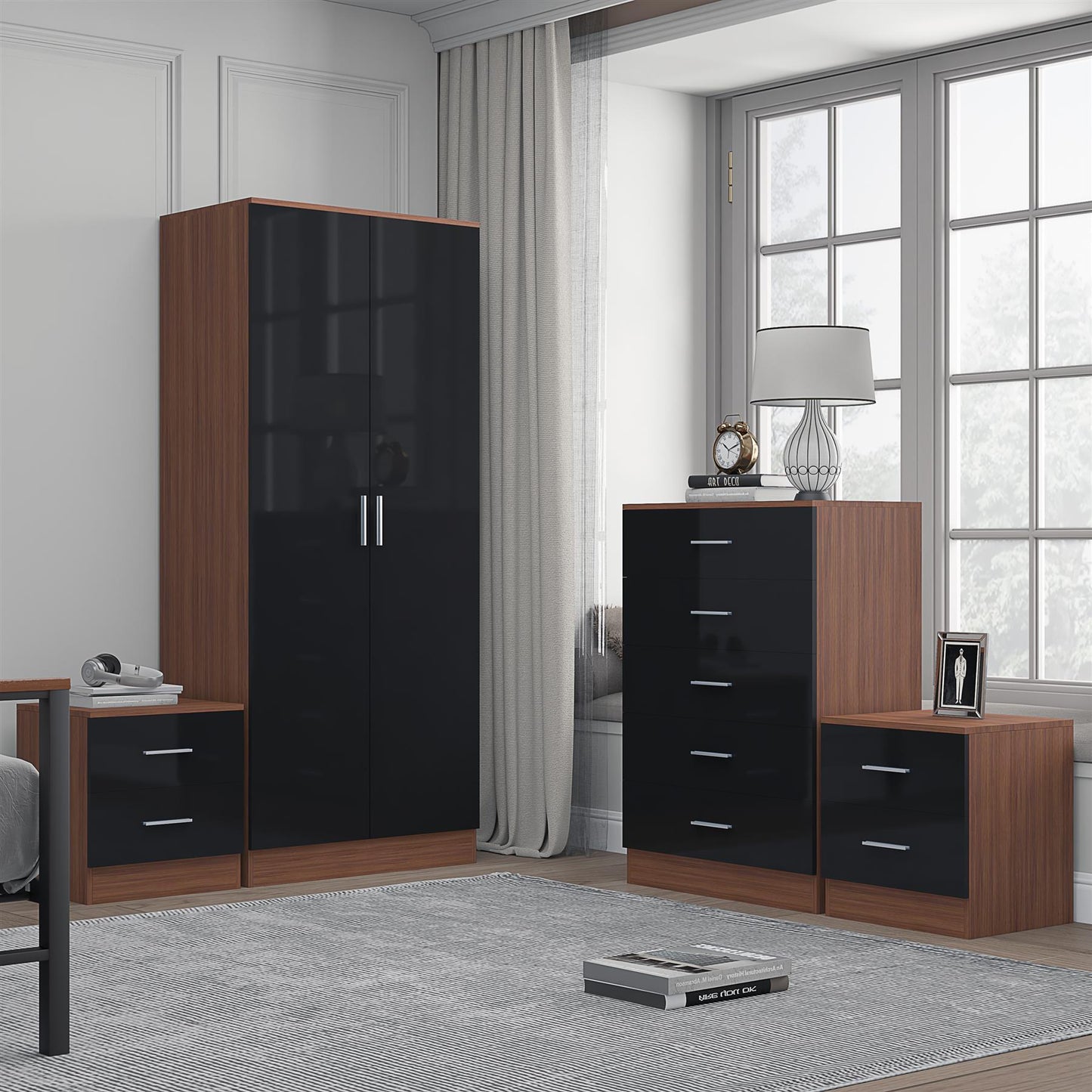 REFLECT Gloss 4pc Bedroom Set - 2 Door Wardrobe + 5 Draw Chest + 2 Bedsides