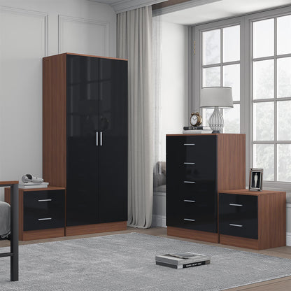 Reflect 2 Door Plain Wardrobe, 5 Drawer Chest, 2x 2 Drawer Bedsides - Black Gloss & Walnut - Modern Bedroom Furniture Set