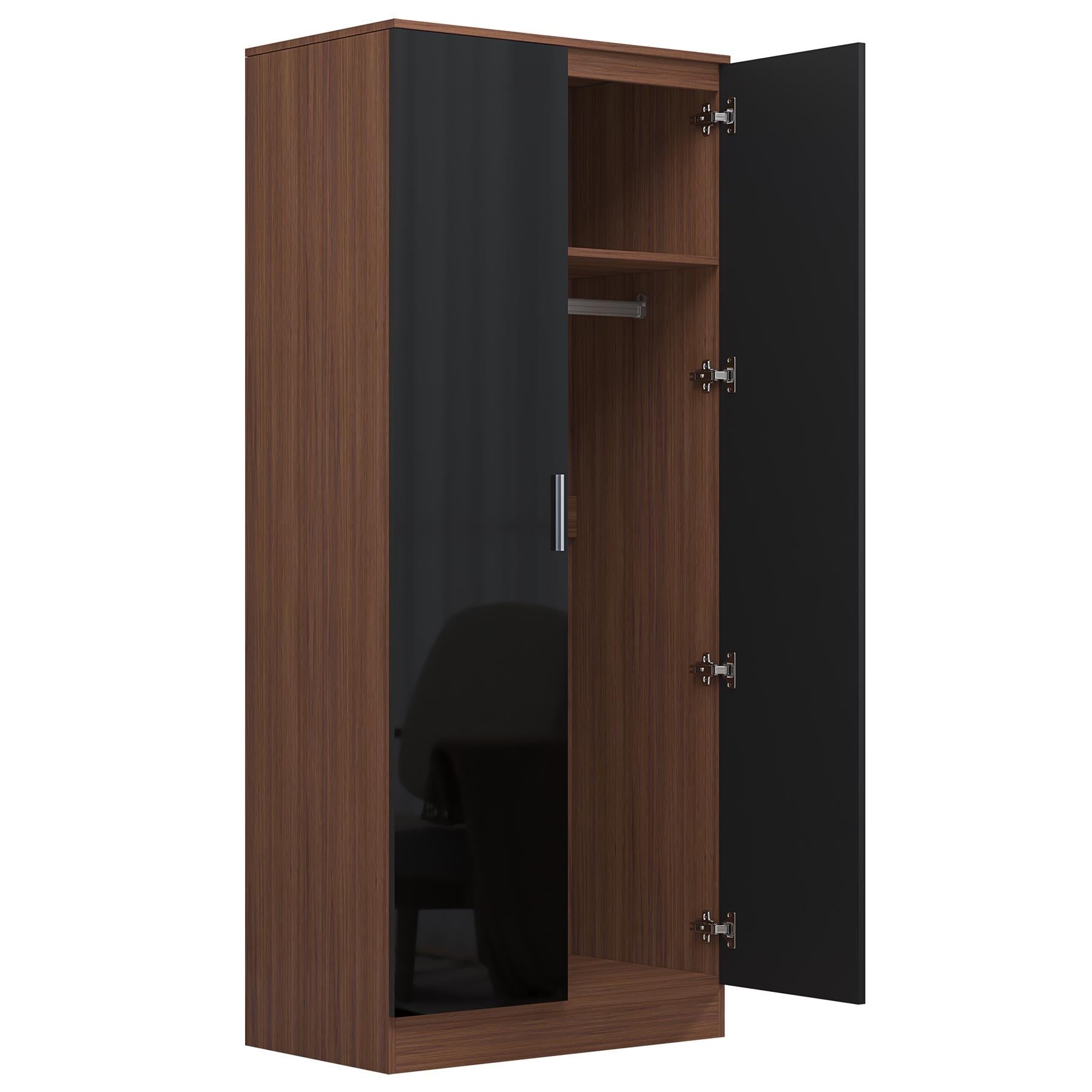 Reflect 2 Door Mirrored Wardrobe - Black Gloss & Walnut - Hanging Rails & Shelves - H: 180cm x W: 76cm - Modern Sleek Design