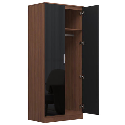 Reflect 2 Door Mirrored Wardrobe - Black Gloss & Walnut - Hanging Rails & Shelves - Modern Sleek Design