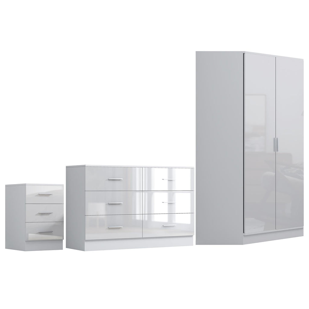 REFLECT - 2 Door CORNER + 6 Drawer Chest + 3 Drawer Bedside - Gloss White / Matt White