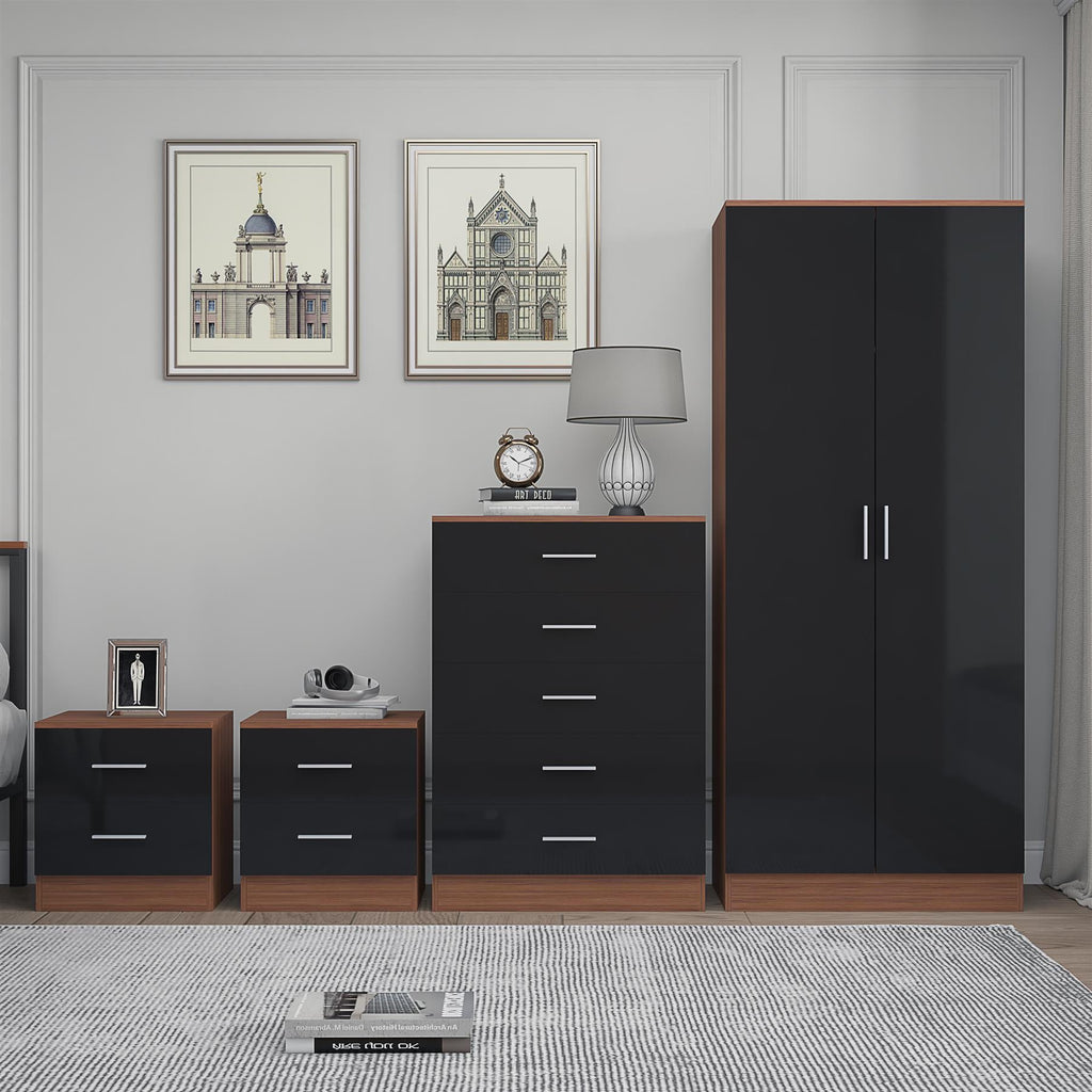 REFLECT Gloss 4pc Bedroom Set - 2 Door Wardrobe + 5 Draw Chest + 2 Bedsides