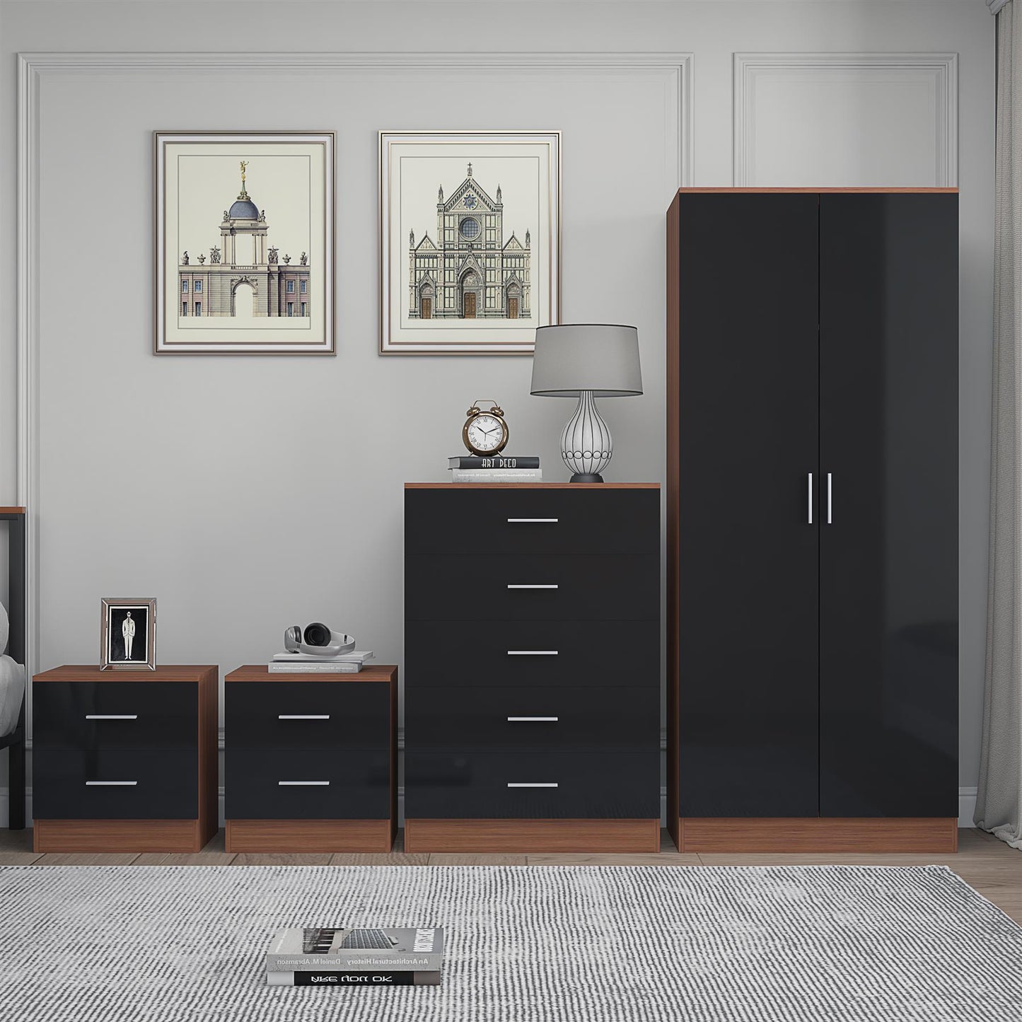 REFLECT Gloss 4pc Bedroom Set - 2 Door Wardrobe + 5 Draw Chest + 2 Bedsides