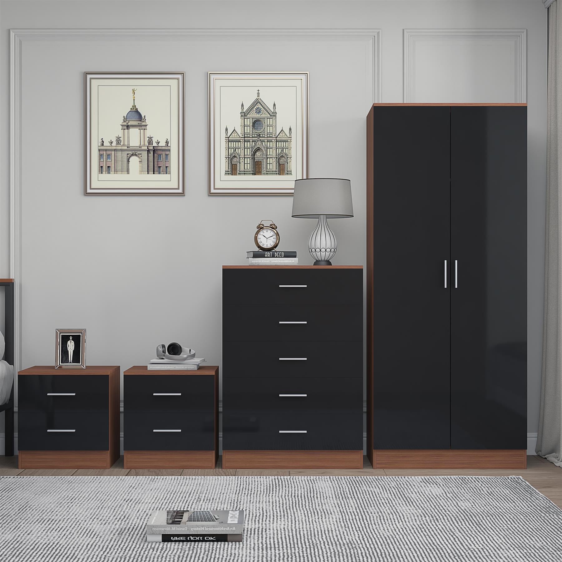 REFLECT Gloss 4pc Bedroom Set - 2 Door Wardrobe + 5 Draw Chest + 2 Bedsides