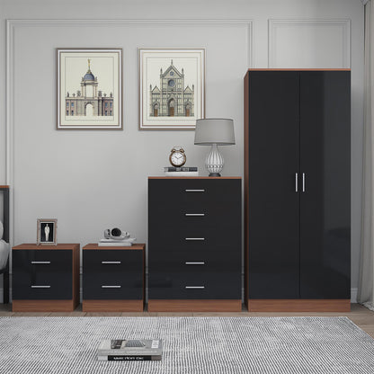 Reflect 2 Door Plain Wardrobe, 5 Drawer Chest, 2x 2 Drawer Bedsides - Black Gloss & Walnut - Modern Bedroom Furniture Set