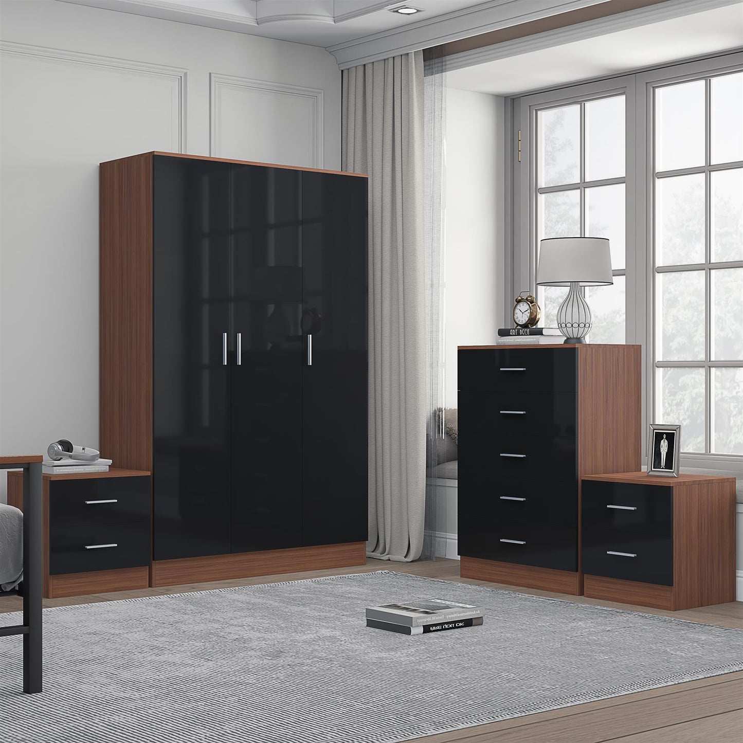 Reflect 3 Door Plain Wardrobe, 5 Drawer Chest, 2x 2 Drawer Bedsides - Black Gloss & Walnut - Modern Bedroom Furniture Set